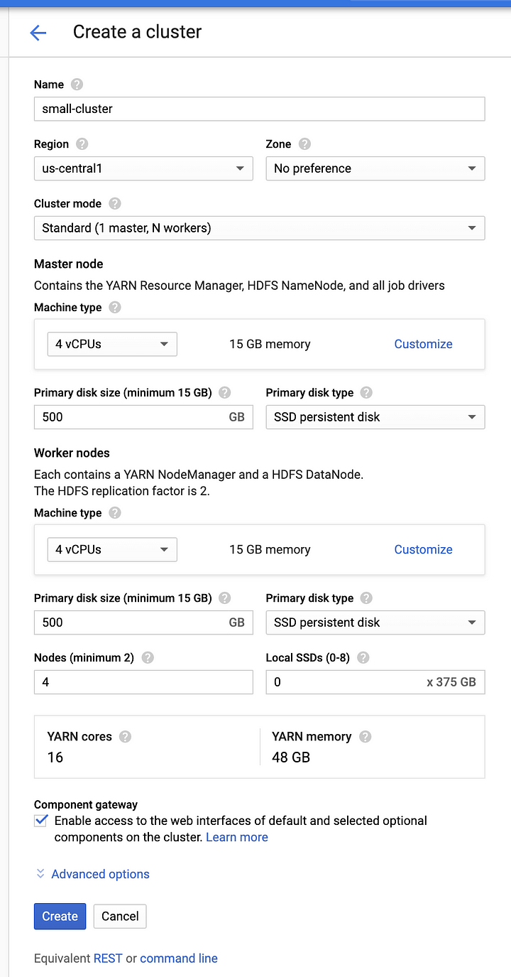 Configuration dialog for creating a Dataproc cluster